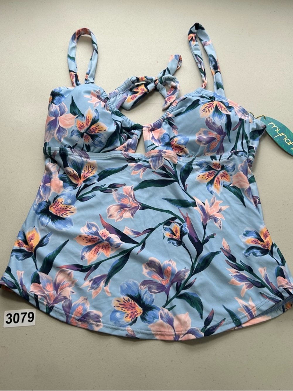 Mynah Small Blue Tankini Top with Adjustable Straps